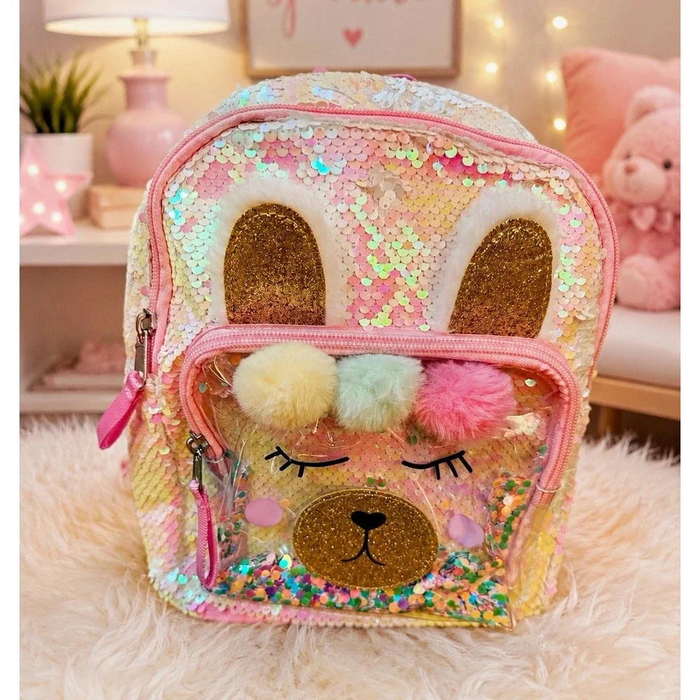 Cat & Jack Girls NWT Mini Llama Sequin Glitter Backpack Pink Zip Pockets